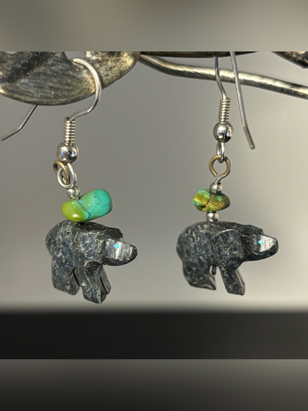 Zuni Style Carved Stone Fetish Bear Earrings Vintage Southwestern Turquoise Drop